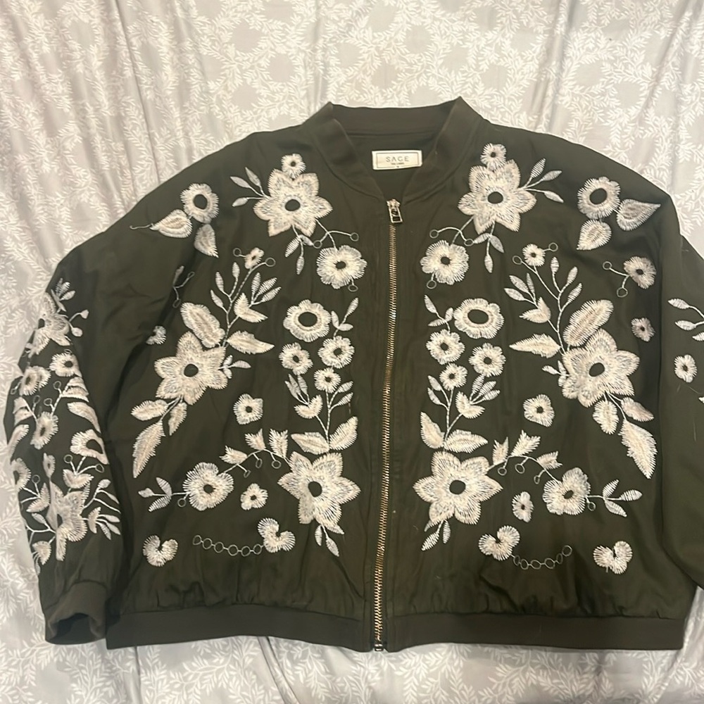 Embroidered boho cropped bomber jacket